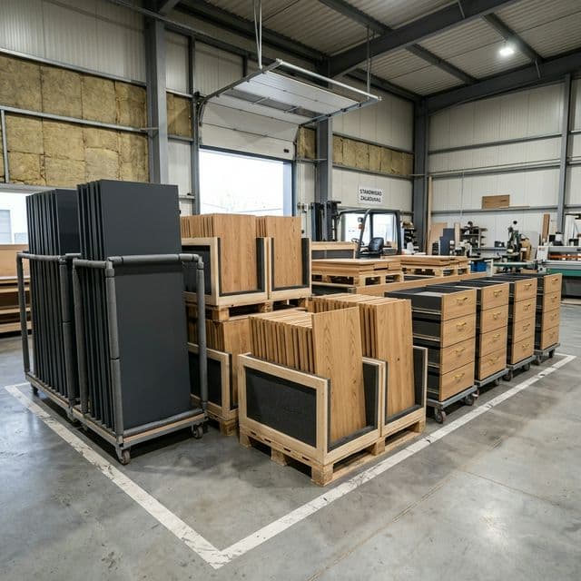 Hala magazynowa WMS MEBLE — gotowe meble biurowe na paletach przed dostawą do klienta