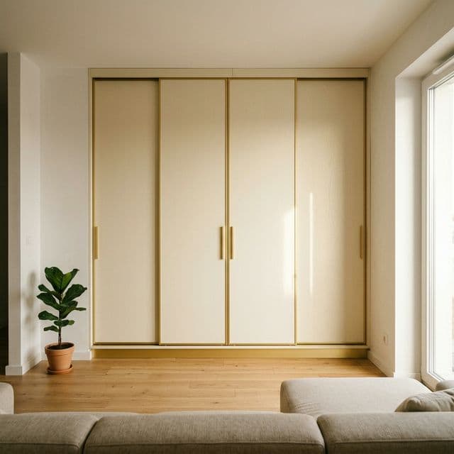 Szafa wnękowa z kremowymi frontami i złotymi uchwytami w salonie — WMS MEBLE Kutno